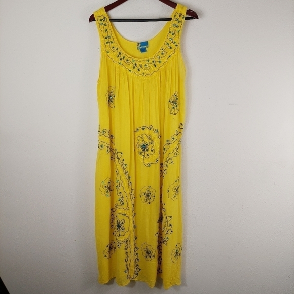 Sunflower Yellow Sleeveless Gauze Maxi Dress Free Size Floral Embroidered Sequin - Picture 1 of 13